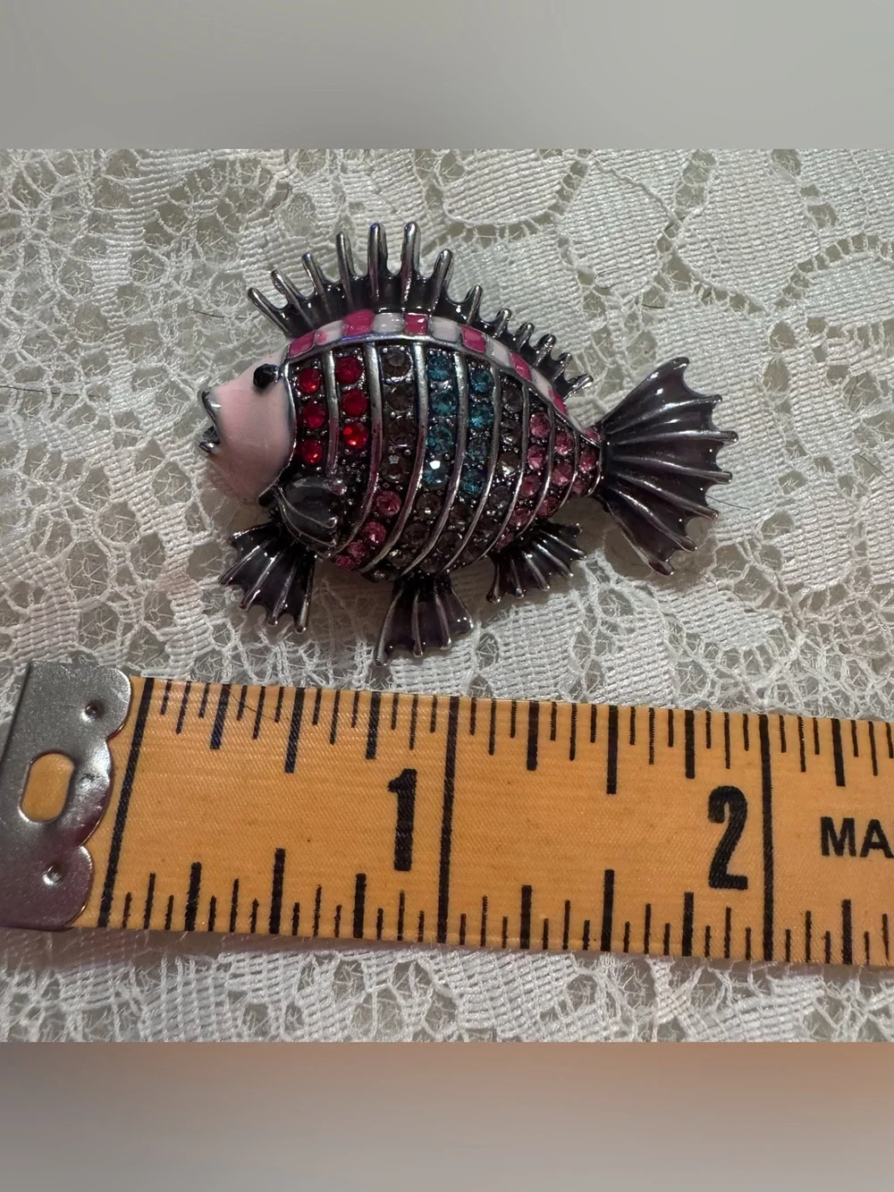Rhinestone Tropical Fish Brooch Pin Pink Blue Silver Tone Statement Jewelry Fun